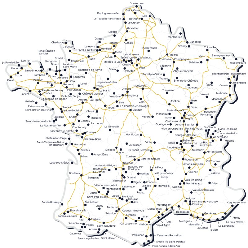 Carte de France des villes où sont implantés les hôtels du réseau Contact Hôtels, de Dunkerque à Perpignan et de Brest à Cagnes-sur-Mer